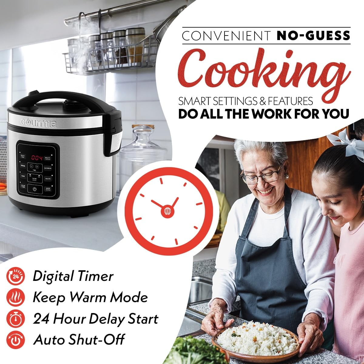 5-Quart Digital Rice Cooker with 6 Presets, Nonstick Pot & Steam Tray for Families