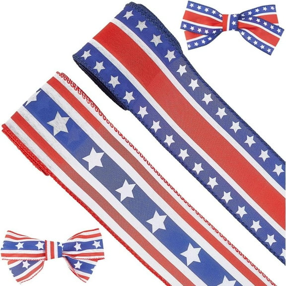 2 Rolls 1/2 Inch Independence Day Wired Edge Ribbon 5.47 Yards Patriotic Stars Stripes Cloth Ribbons 4th of July Applique for Independence Day Memorial Day Wreath DIY Crafts