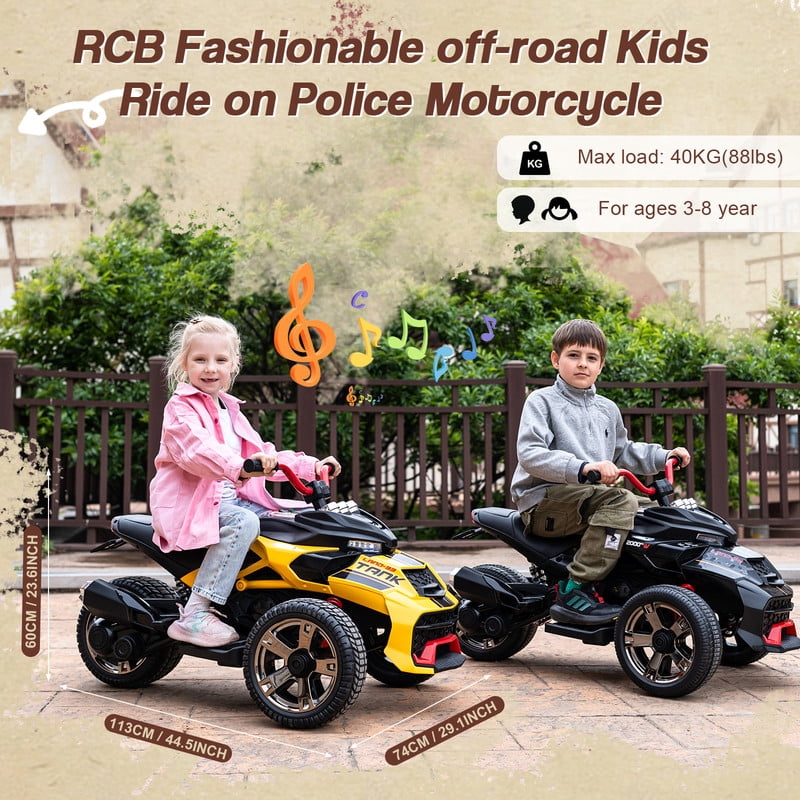 RCB 12V Electric Ride-On,Dual Motors,Music,Up to 5 mph,3 Wheel ATV Style for Kids Ages 3+,Red