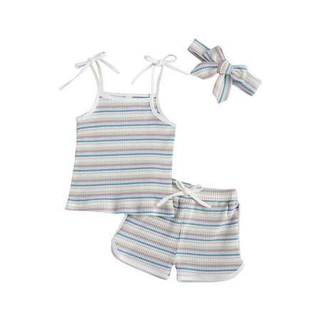 

TheFound Summer Lovely Baby Girls Clothes 3pcs Rainbow Striped Print Sleeveless Vest Tops Shorts Headband Sets