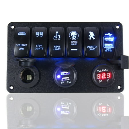 Waterproof IP67 12-24V USB Car Marine RV 6 Gang Red LED Rocker Switch Panel Circuit
