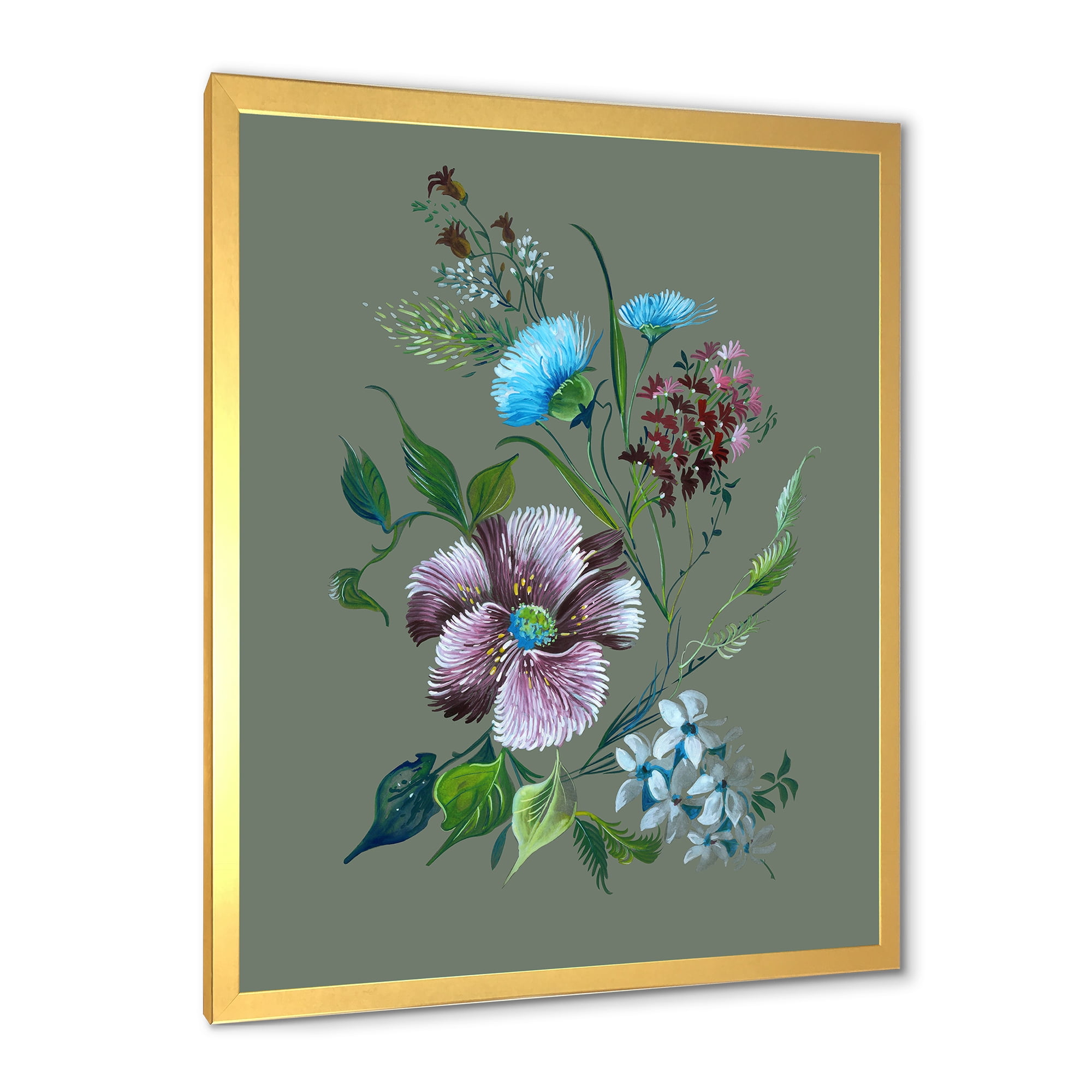 Turquoise and Purple Spring Flowers 24 in x 32 in Framed Painting Canvas Art Print, by Designart