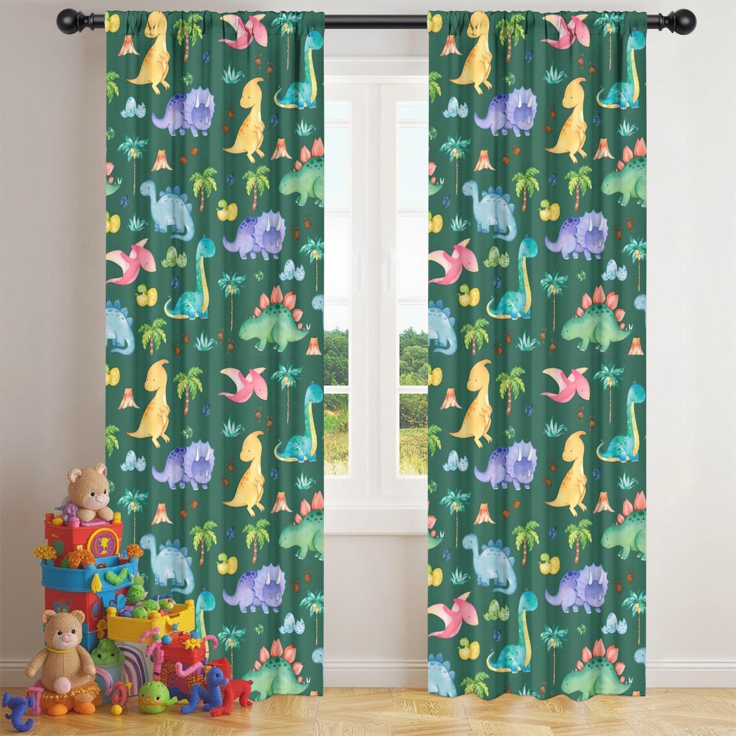 Blackout Kids Curtains,Green Dinosaurs Palms Volcanoes Pattern Childrens Insulated Curtains Set Of 2,Bedroom Essentials,Toddler Room Decor 42"x84"