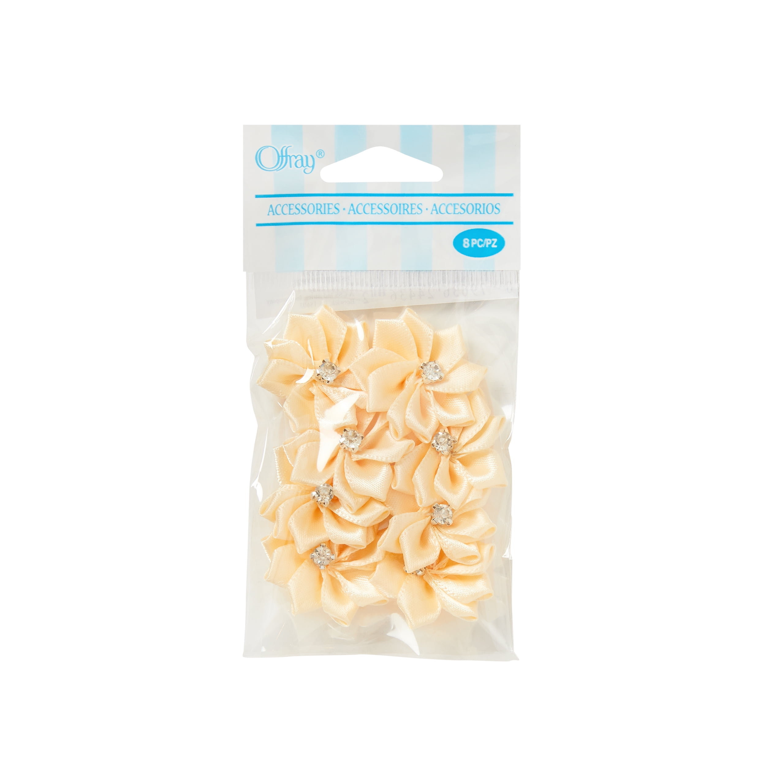 Offray Accessories, Cream Pinwheel Flower with Gem Center Accessory for Wedding, Hair Clips, and Scrapbooking, 8 count, 1 Package