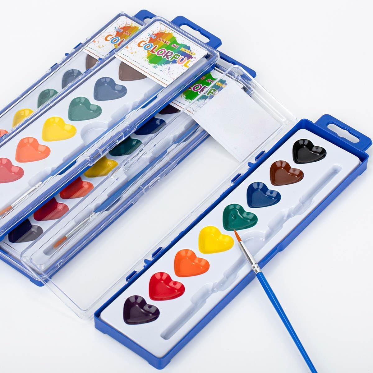 Vggrvlo 12PCS Water Color Paint Sets for Kids 16 Colors Heart Watercolor Paint Set with Paintbrush 24PCS Gift Card Valentines Gifts Art Supplies for Prescho-ol Classroom Party Favor Prizes Exchange