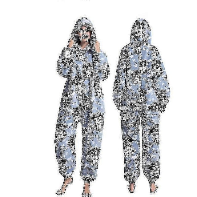 cartoon animal one-piece pajamas flannel pajamas for men and women onesie de felpa Shu cotton velvet con capucha, fondo azul y estampado de animales en blanco y negro, cierre frontal, mangas largas y puños elásticos; vista frontal y trasera en modelo, ropa de casa de invierno apta también para uso casual exterior.