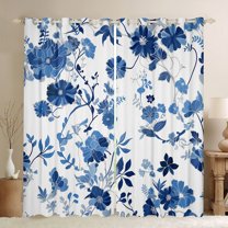 jejeloiu Rustic Flowers Blackout Curtains Set of 2 (52x84 Each),Modern Ink Aesthetic Floral Window Curtains,White Blue Curtains and Drapes For Girls Teens,Microfiber Bedroom Decor