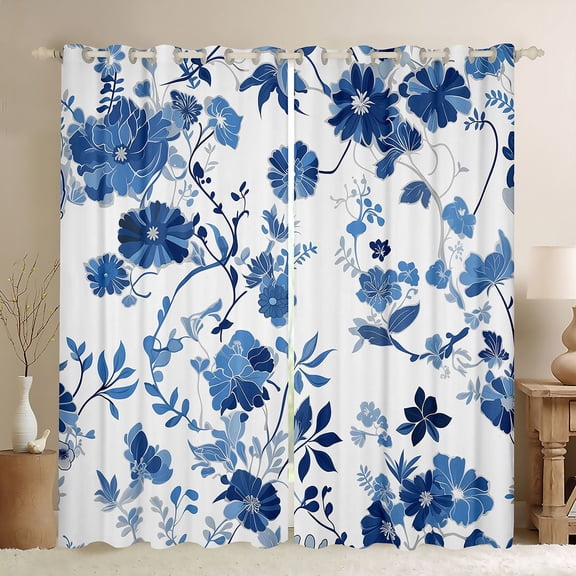 jejeloiu Rustic Flowers Blackout Curtains Set of 2 (52x84 Each),Modern Ink Aesthetic Floral Window Curtains,White Blue Curtains and Drapes For Girls Teens,Microfiber Bedroom Decor