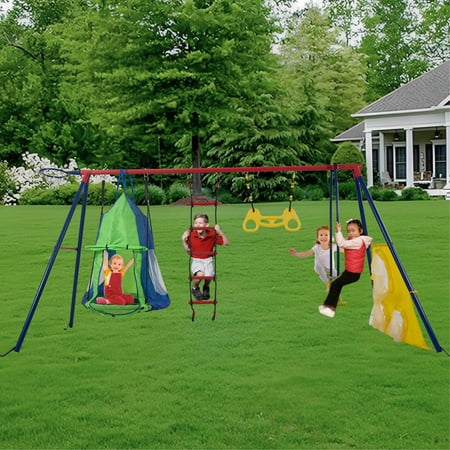 Furvclv 550lbs Swing Set For Backyard Outdoor A-Frame Metal Swing Stand For Kids Aged 3 And Above With Basketball Hoop Soccer Net Hanging Rings Tent Canvas Swing And Ladder
