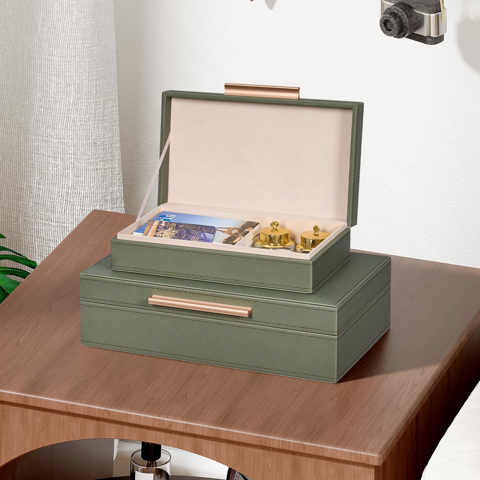 Decorative Boxes With Lids 2-set  Memory Box For Keepsakes Saving Space Beautiful Pu Leather Storage In Style Decor Metal Handles Store Photos Documents Green