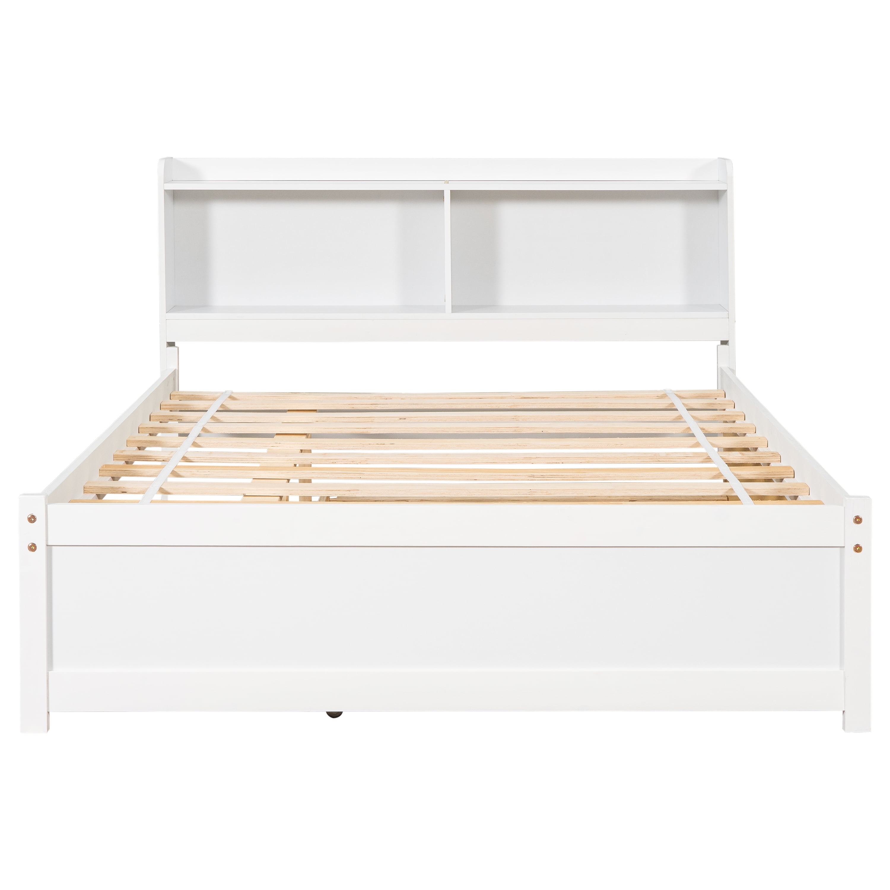 Miniyam Full Size Bed Frame with Trundle & Bookcase Headboard for Kids and Teens, White
