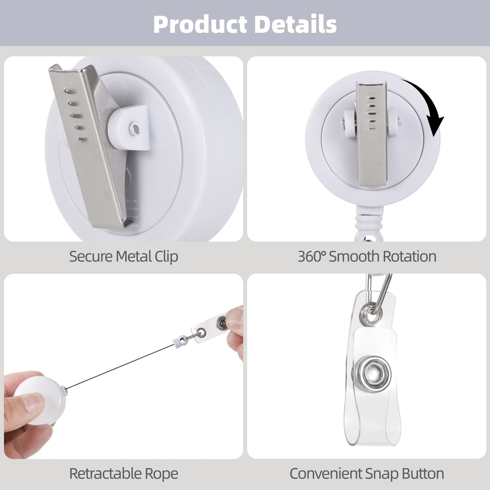 24 PCS Retractable Badge Holders, White Retractable Badge Reel with Swivel Alligator Clip for ID Badge Display, Office Staff, Nurses, Students, Events, Strong Pull Cord and Secure Snap Strap