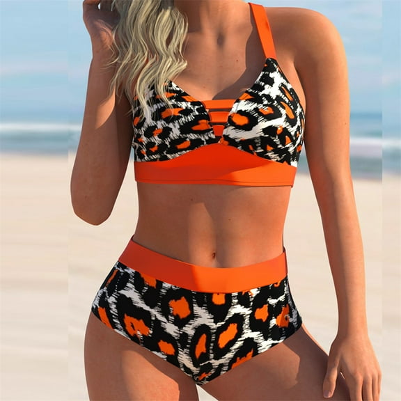 Abcnature Women's Bikini Swimsuits Sets, Thong Bikini Sets Split Show Waist Leopard Color Matching Sexy Bikini Swimwear Bikini Sets for Women Orange L