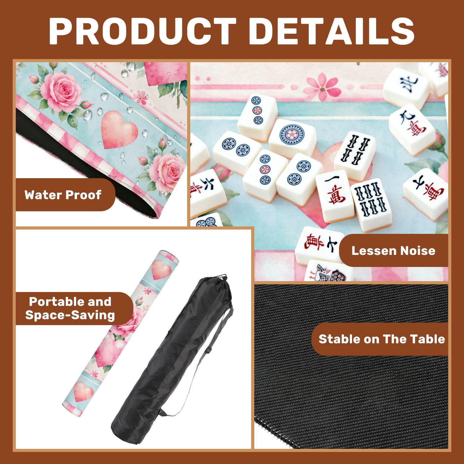 Mahjong Mat 31.5" x 31.5" Pink Roses Heart Blue Floral Border Non-Slip Noise Reduction Mahjong Tiles Table Cover for Dominoes Poker Card Board and Tile Games