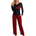 thumbnail image 1 of Conjunto de pijama de 2 piezas para mujer, Top con estampado de corazón, cuello en V, manga larga, pantalones a cuadros cómodos, 1 of 4