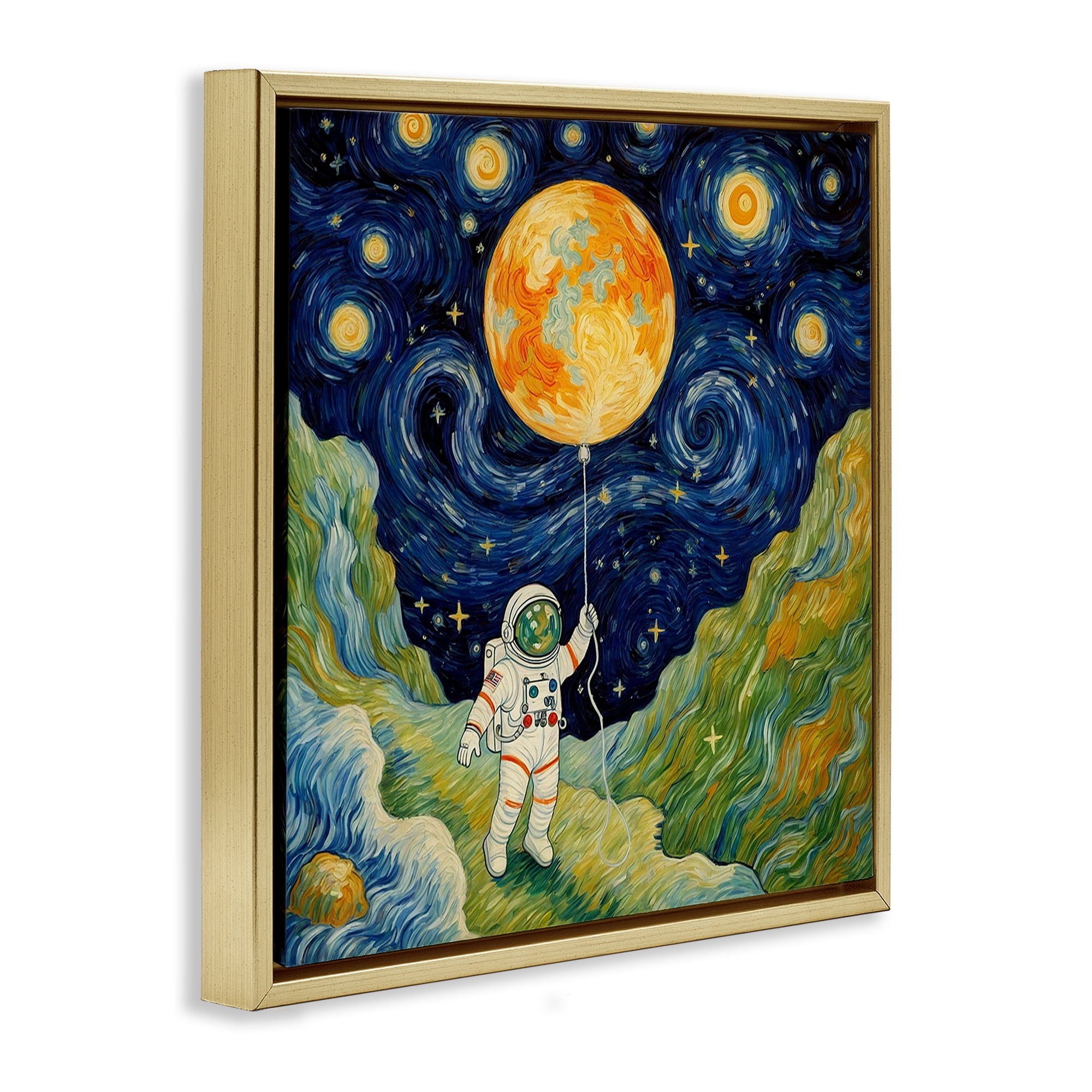 Impressionist Astronaut in Space Gold Framed Floater Canvas Wall Art, design by Angie Hawke