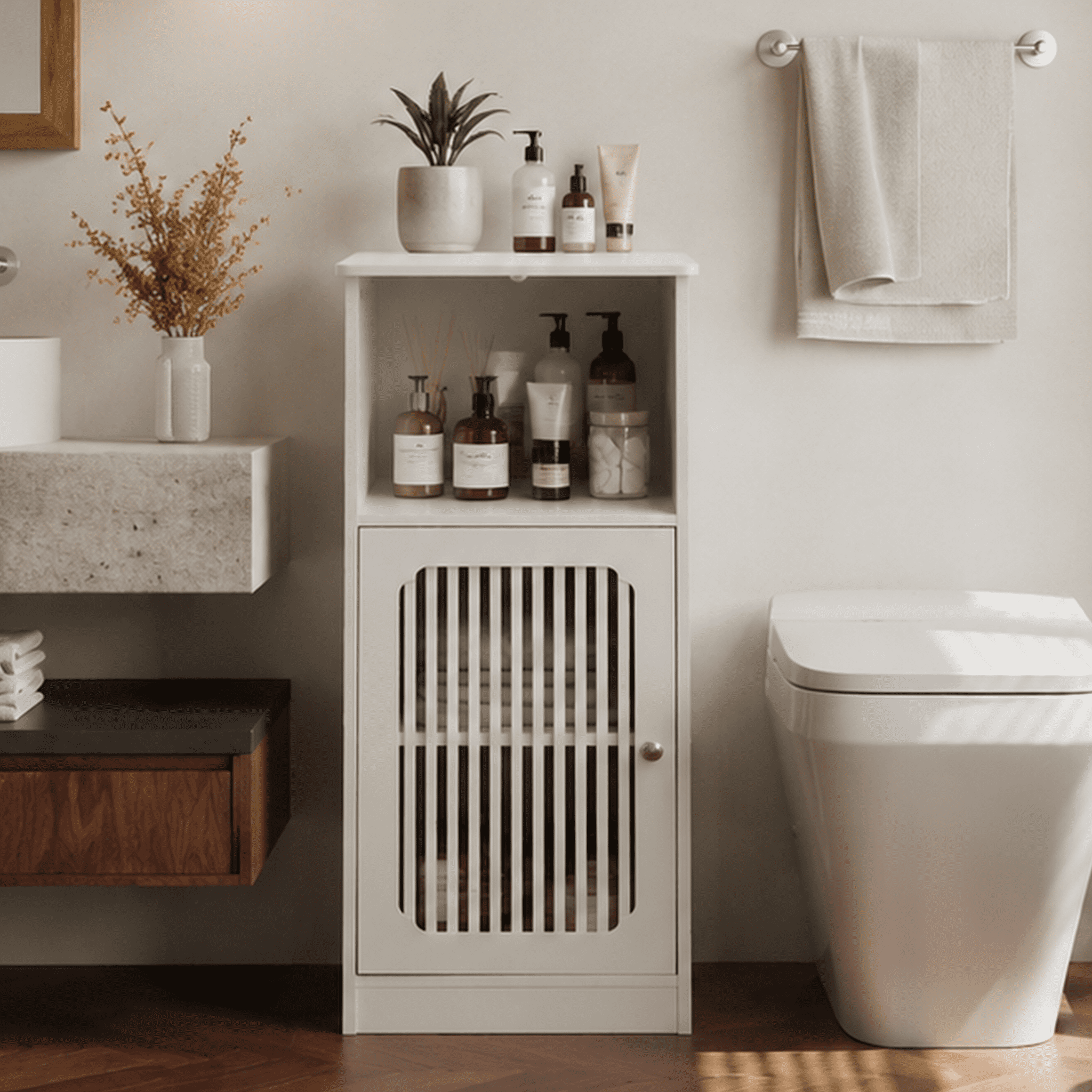 Mintazer Freestanding Bathroom Storage Cabinet with Louvered Single Door, Floor Cabinet with Open Top Shelf, Side Organizer for Bathroom Laundry Bedroom Entryway, White