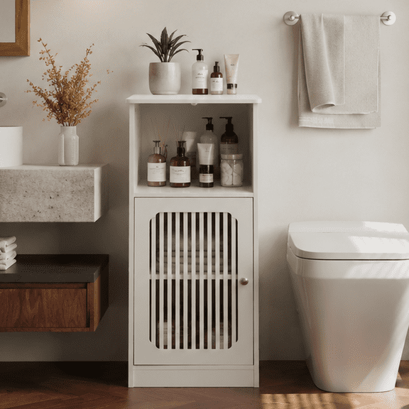Semiocthome Bathroom Storage Cabinet, Floor Cabinet Organizer with Slatted Door and Adjustable Shelf, Bathroom, White