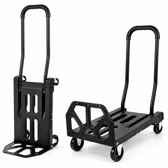 2-in-1 Folding Hand Truck & Platform Cart, Convertible 2-Wheel Dolly Cart with 4-Wheel Mode, Collapsible Utility Cart for Moving, Shopping, Groceries, Home and Office, Black