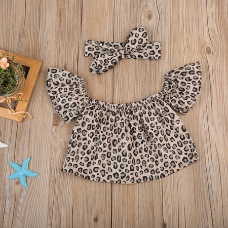 Baby Clothes Leopard 2PCS Sets Girls Off-Shoulder Top Scarf Headband Outfit Suit