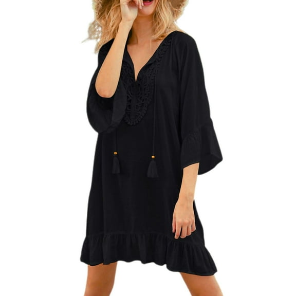 SWSMCLT Women's Beach Crochet Bikini Cover Up Dress Short Sleeve Bathing Suit Soft V Neck Loose Frilly Ruffle Coverup Black Small-X-Large