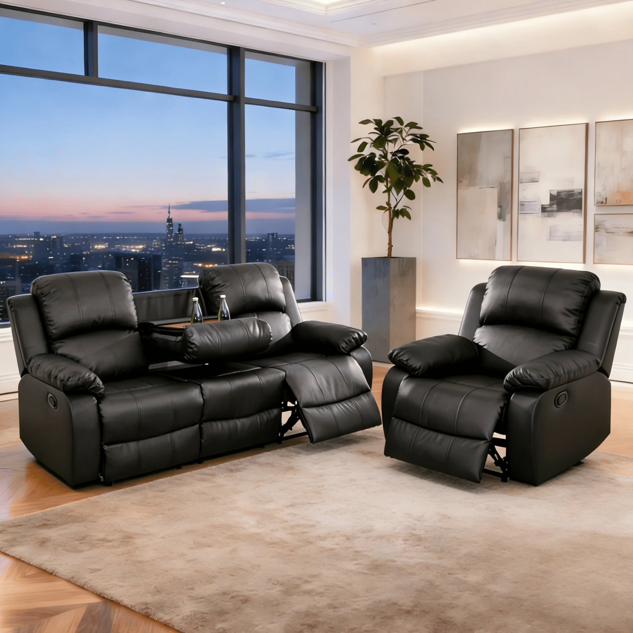 Gewnee 3-Seat Sofa and Recliner with Console and Cup Holders, Air Leather and High-Elasticity Sponge, Adjustable Reclining Angle, Ideal for Living Room, Black
