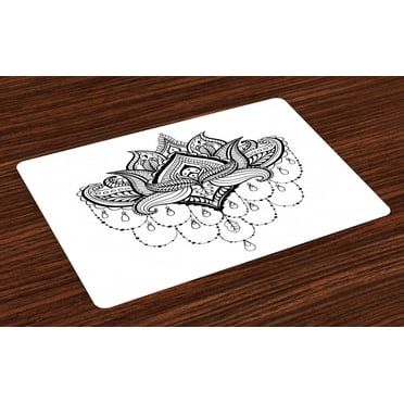 Ambesonne Folk Place Mats Set of 4, Lotus Flower Culture, Standard Size, White Black