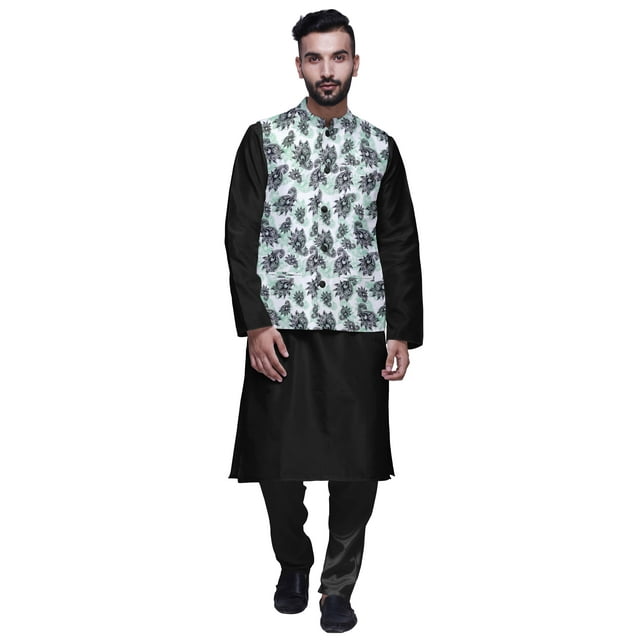 Atasi Kurta Solide Pyjama & Veste Imprimée Nehru Ensemble pour Hommes Tenue de Fête