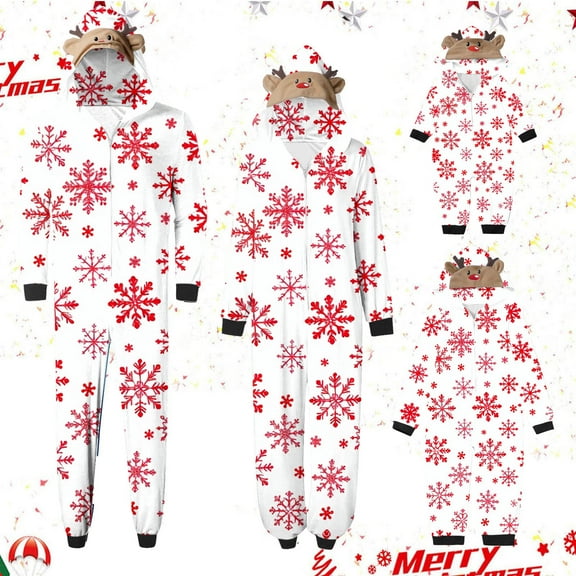 Odeerbi Christmas Onesie Pajamas for Family Holiday Sleep Jumpsuit Long Sleeve Family Christmas Pajamas Matching Sets Dad Printed Loungewear Jumpsuit Sleepwear Xmas PJs Set White