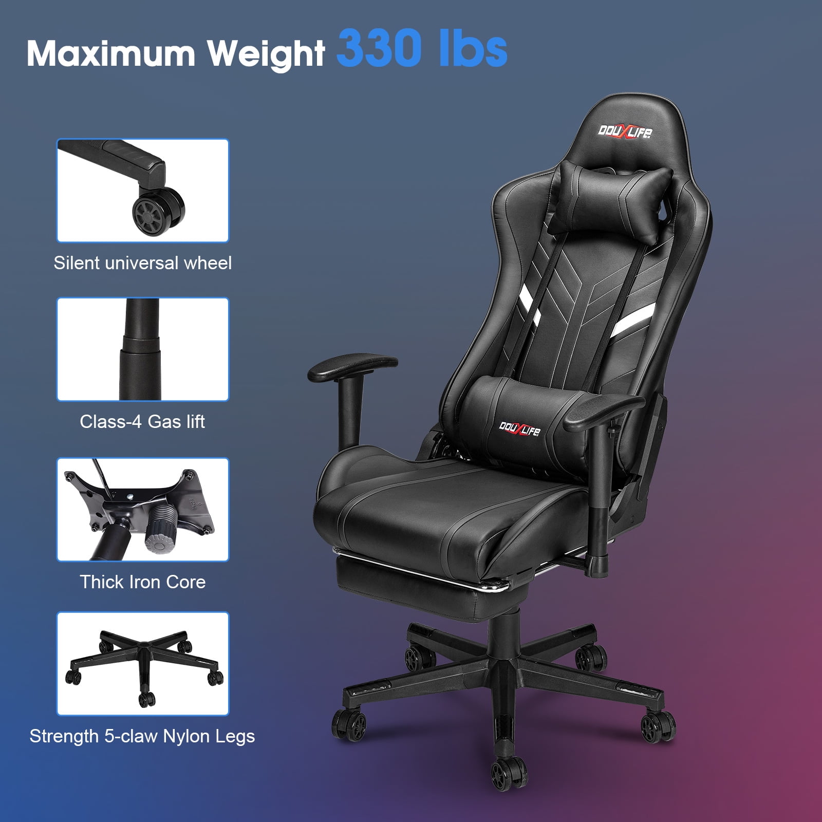 Douxlife 7-Point Massage Gaming Chair with Footrest, 175° Reclining, Ergonomic Racing High Back Home Office Computer Chair, Video Game Chair for Adults Kids