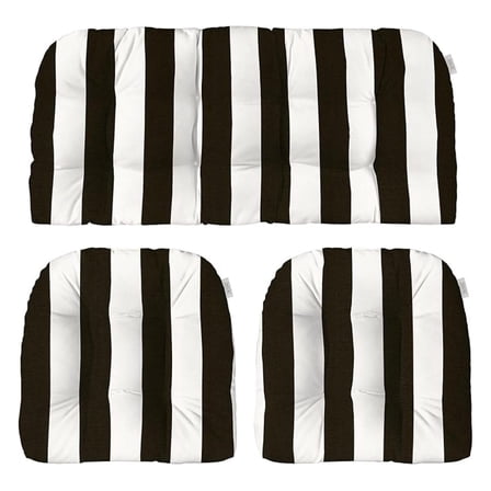 Indoor Outdoor Black & White Striped Cushions for Wicker Loveseat Settee & 2 Matching Chair Cushions | 41" x 19" & 19" x 19"