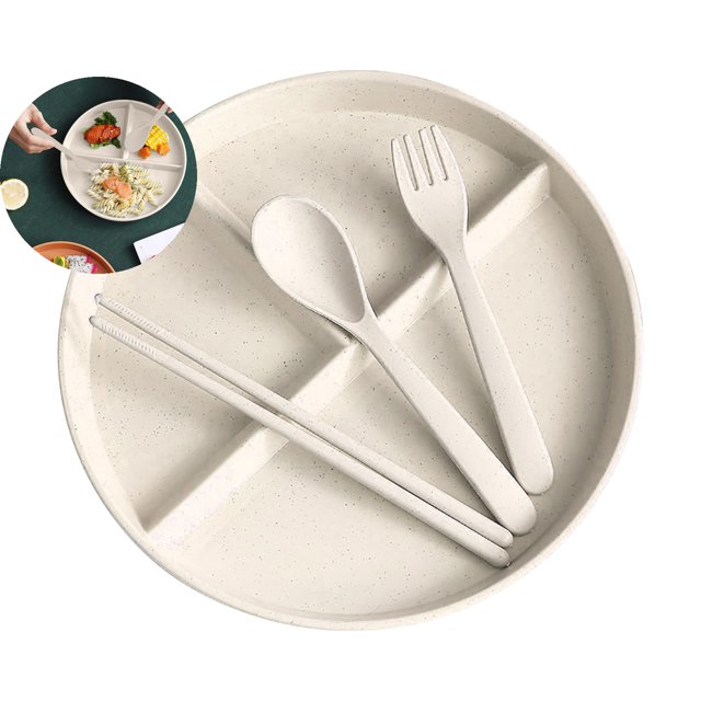 Dvruxg 3-Compartment Divided Tableware Set – Microwave Safe Fiber Plate with Spoon, Fork & Chopsticks – Meal Tray
