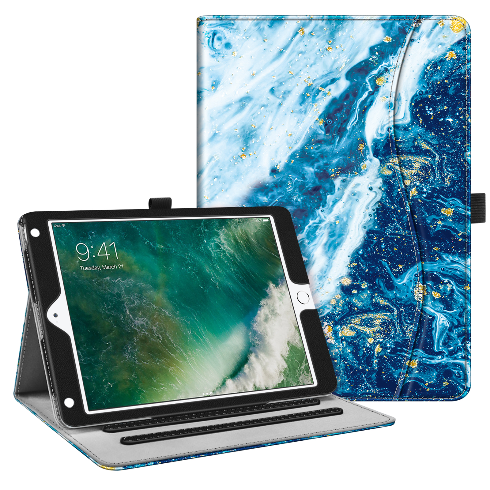 Housse IPad 9.7" – Compatible IPad 6e/5e Génération, IPad Air 1 Et 2 – Fermeture Magnétique – Bleu Fleurs Chat - 9