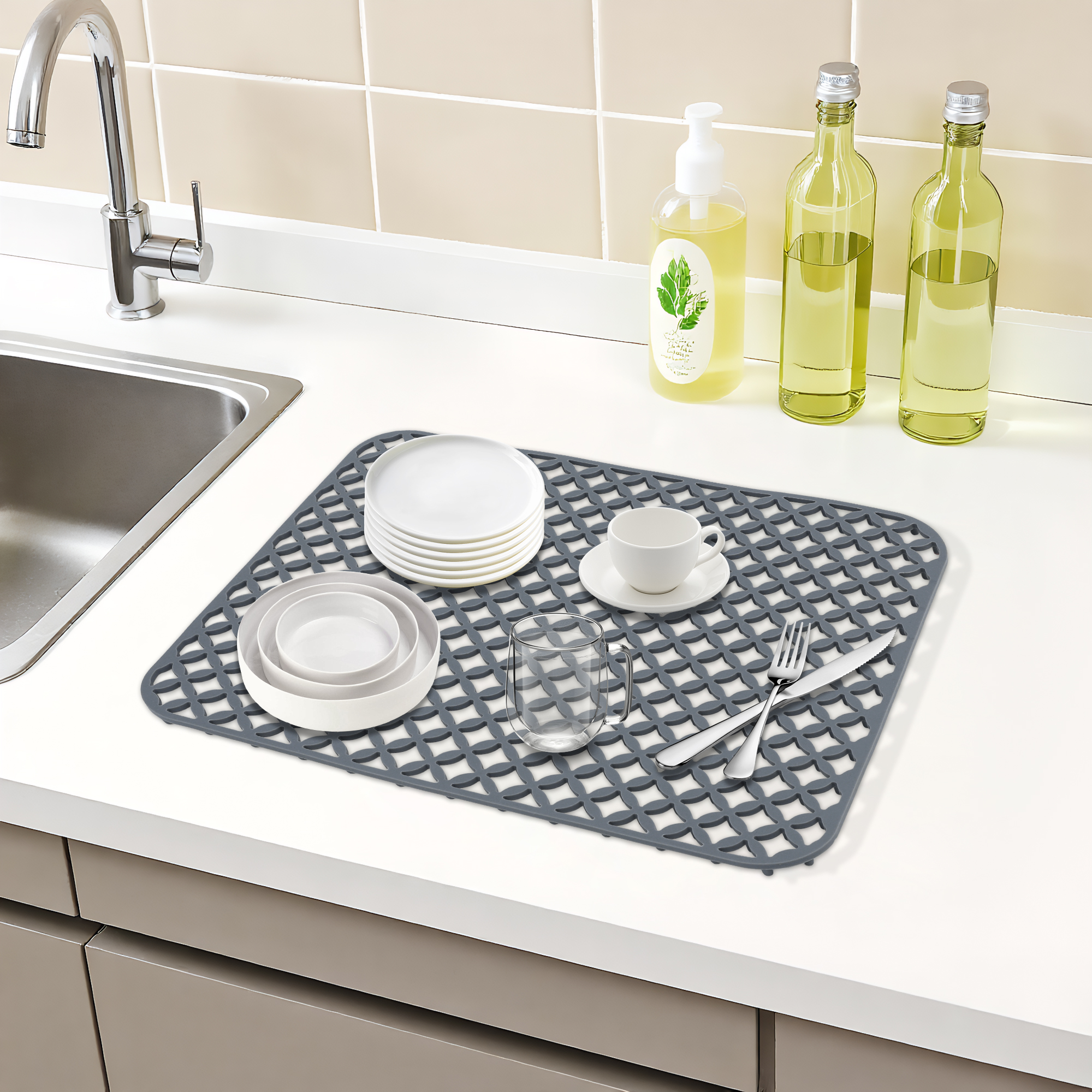 Unique Bargains Hollow Design Easy Clean Kitchen Counter Mat Gray 13.6*11.6*0.35 inch