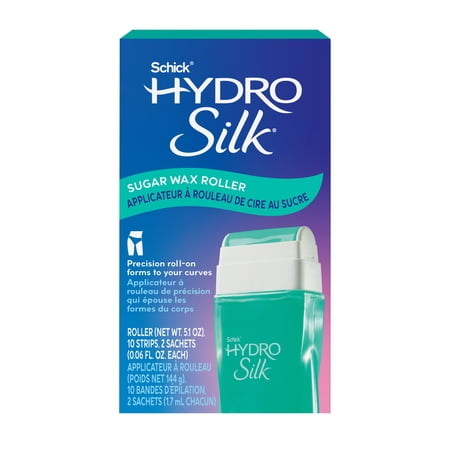 Schick Hydro Silk Sugar Wax Hair Removal Roller With 10 Reusable Strips & 2 Serum Sachets, Womens Waxing Kit, For Sensitive Skin, Rinsible With Water, Microwave Safe
