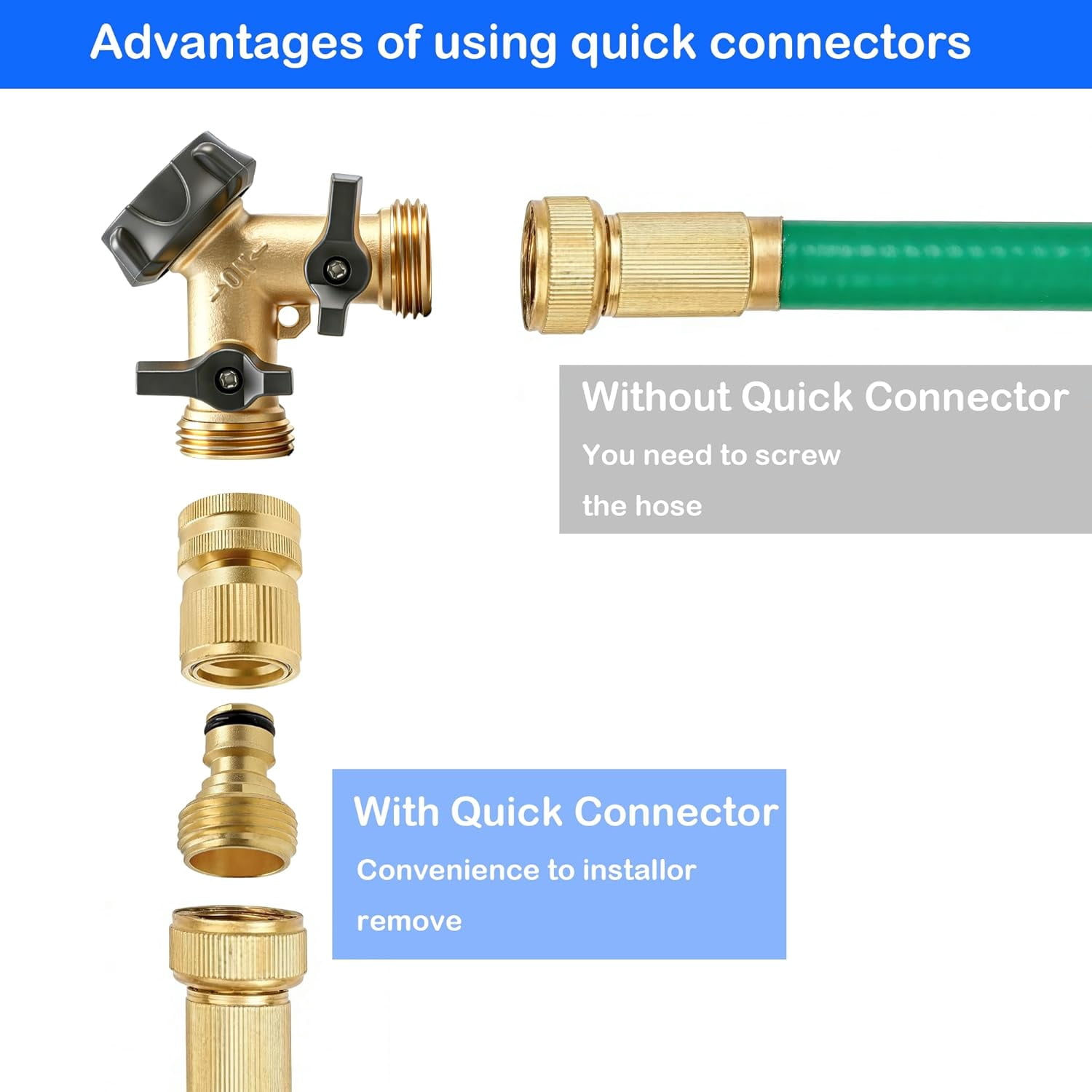 Garden Hose Quick Connector, Solid Brass GHT Thread Connect Kit, Male and Female No-Leak Water Fittings (4 Set)