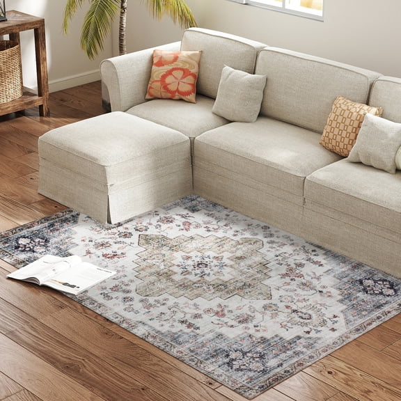 Homiyad 4x6 Area Rug, Vintage Machine Washable Rug, Non-Slip Carpet for Living Room, Bedroom, Dining Room, Brown and Green