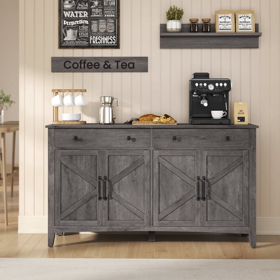 VASAGLE Buffet Cabinet, Coffee Bar Cabinet with 2 Drawers, Adjustable Shelves, Sideboard Storage with Cable Holes, Drawer Dividers, Misty Gray