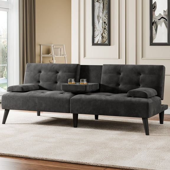 Walsunny 64" Sofa Bed Futon Couches, Folding Loveseat Recliner with 3-Angle Adjustment, Removable Arms 2 Cup Holders for Small Spaces,Black