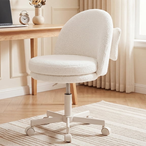 Snowwhite Bouclé Upholstered Swivel Desk Chair With Adjustable Height And Lumbar Support For Home Office Or Vanity