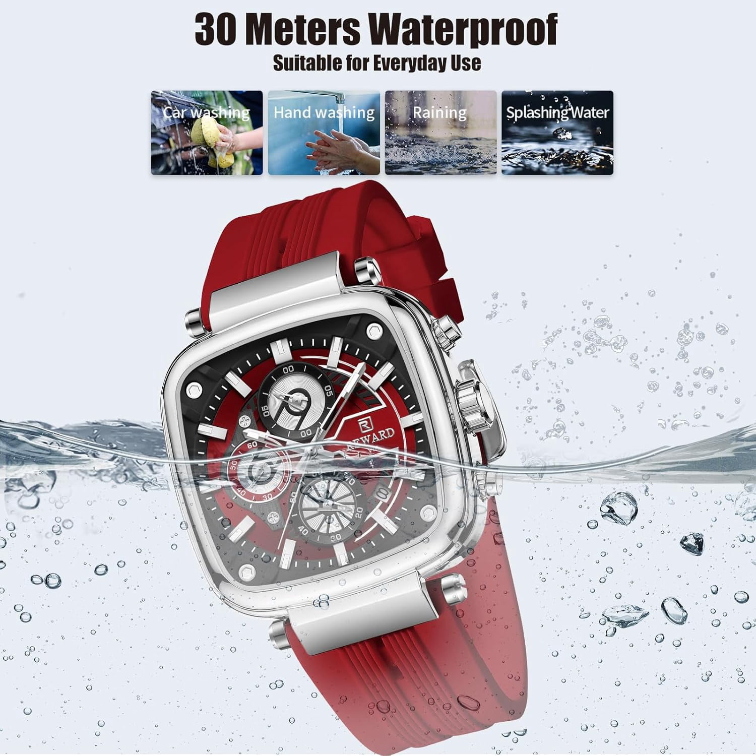 Square Watches for Men Red Silicone Chronograph Fashion Sports Watch Luminous Waterproof Casual Wrist Watches Silver Red