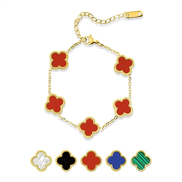 JeenMata Pulsera de Eslabones con Flores Rojas Bañada en Oro Amarillo