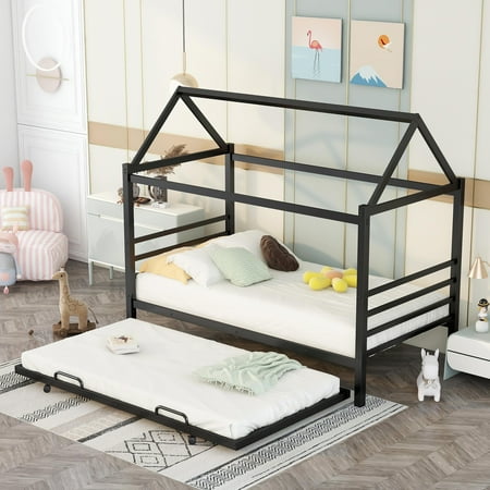 EUROCO Twin Metal House Platform Bed with Trundle for Child  Solid Metal Frame  No Box Spring Needed  Black