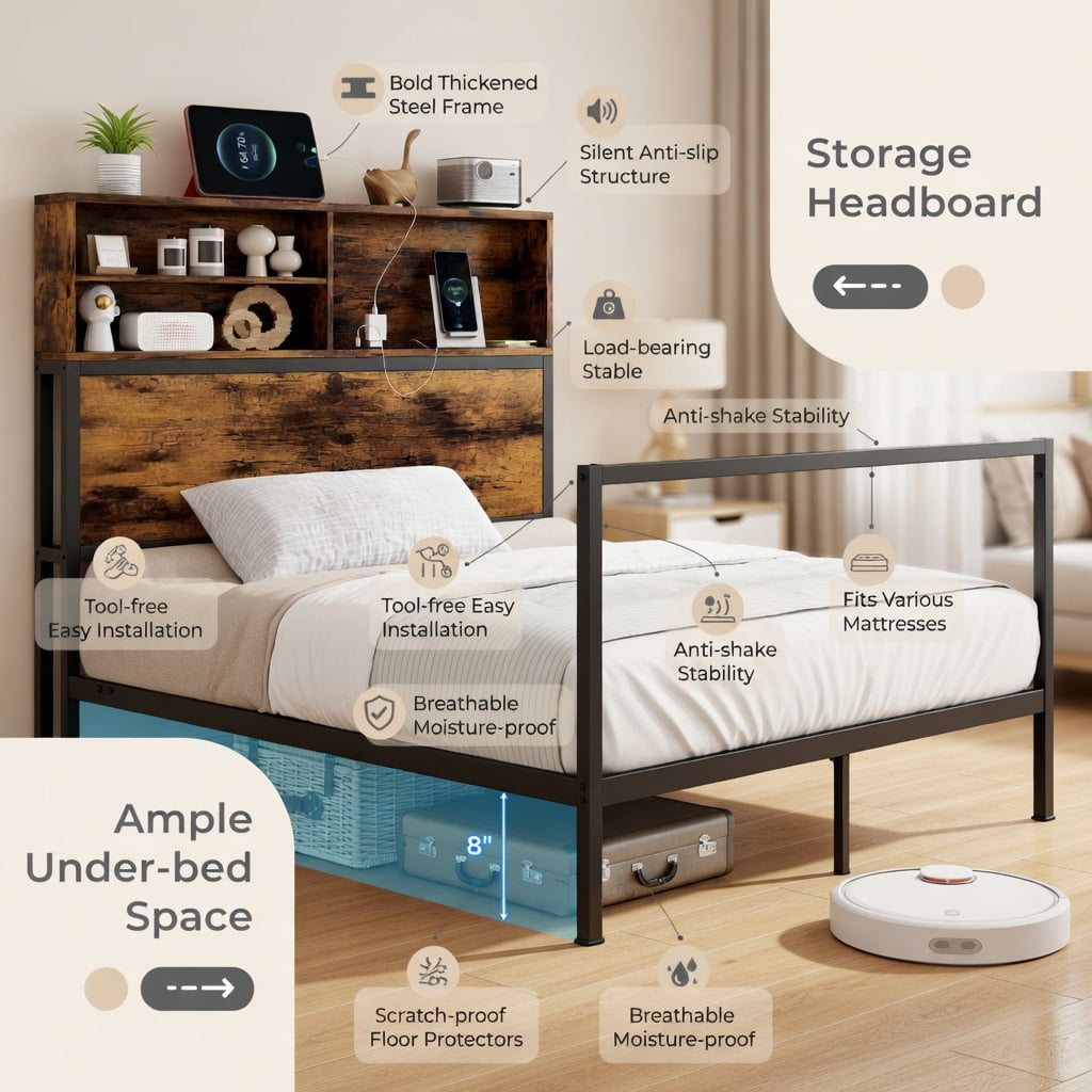 Demi Bonn Twin Size Bed Frame with Wooden Headboard and Footboard, Industrial Metal Platform Bed Frame with Under Bed Storage, No Box Spring Needed, Brown