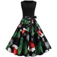 thumbnail image 2 of HKEJIAOI Robes de Cocktail Cadeau d'Anniversaire Noël Femmes Rétro Imprimé Patchwork Sans Manches Soirée Col Rond Fermeture Éclair Fête Bal Vintage Robe Économies Liquidation Vert, 2 of 6