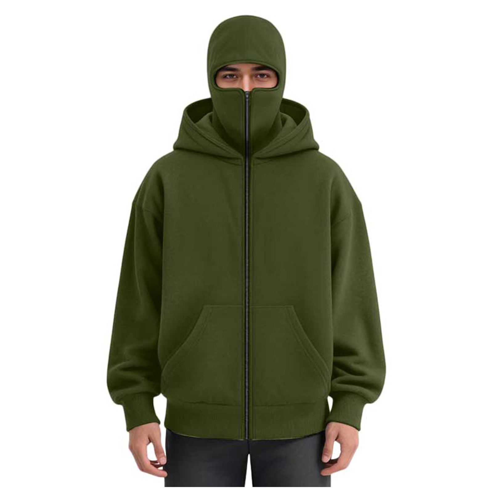 LiJinLong Balaclava Hoodie Zipper Men's Tactical Design Compatible Hunting Fishing Outdoor Work Winter Solid Utility Jacket S-XXL