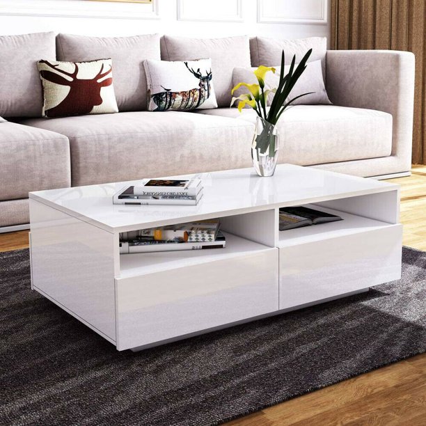 Otviap High Gloss Coffee Table White Modern Rectangle With Led Lights 4 Drawers And 2 Open Shelves For Living Room Home Office 33 46x22 04x13 77 Inch Com Otviap High Gloss Coffee Table White, Modern White Gloss Coffee Table With Storage