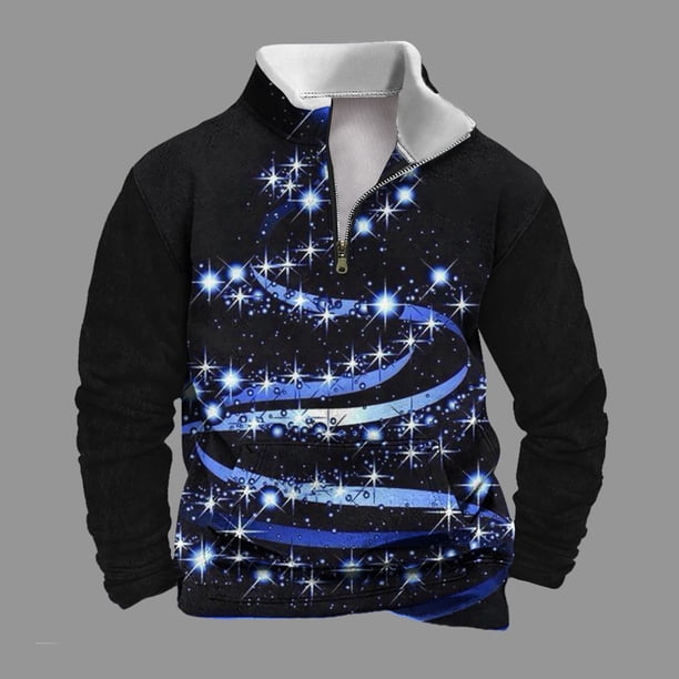 Sudadera sin capucha para hombre, informal, a la moda, con cuello alto, estampado navideño, cremallera, jersey de manga larga, blusa de poliéster para hombre