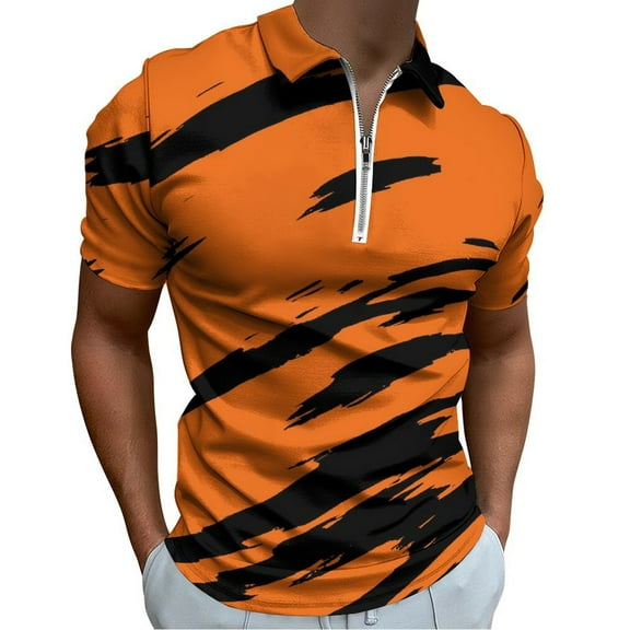 Tiger Stripes Pattern Men Zipper T-shirt Summer Casual Short Sleeve T-shirt Top