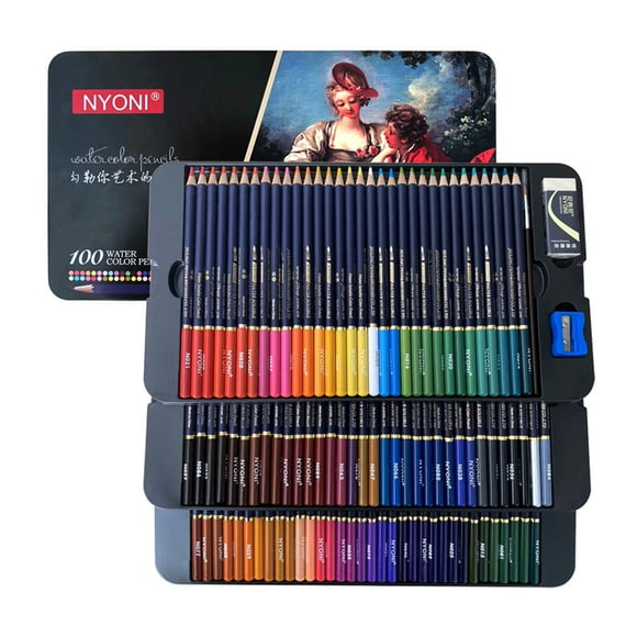 Riwcyla NYONI Professional Watercolor Pencils Set 1224364872100 Colored Pencils Soluble Color Pencils with Brush and Metal Box Art Supplies for Students Artists Adults for Drawing Sketching Painti